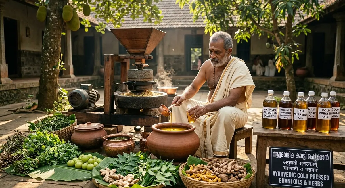 A traditional wooden ghani press with Ayurvedic herbs and oils