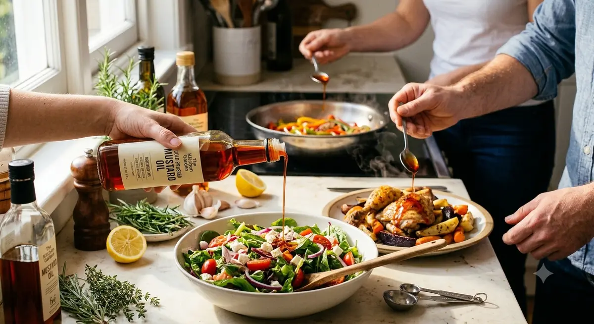Cold pressed mustard oil poured over a salad in a home kitchen