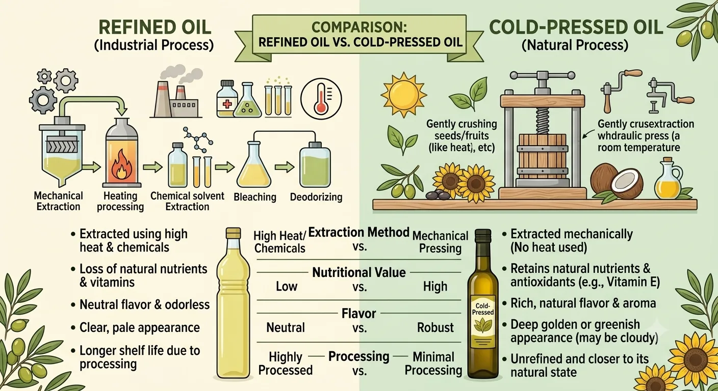 Refined oil and cold pressed oil processes compared side by side